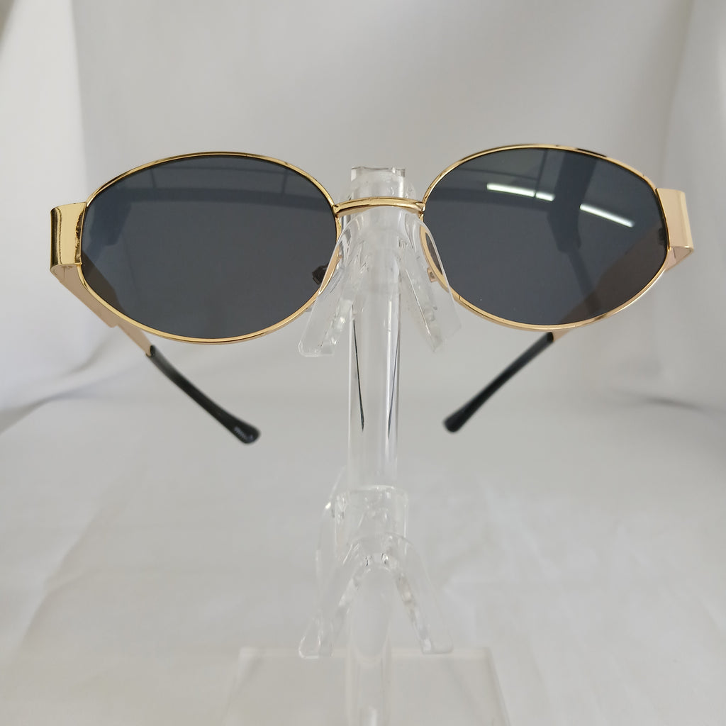 Black Lens Vintage Gold Metal Oval Frame Sunglasses - Rebel