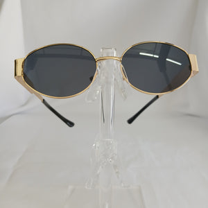 Black Lens Vintage Gold Metal Oval Frame Sunglasses - Rebel