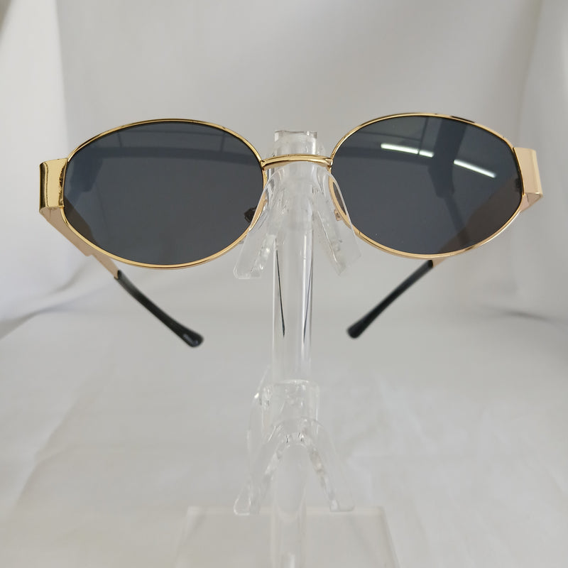 Black Lens Vintage Gold Metal Oval Frame Sunglasses - Rebel