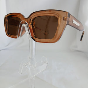 Glossy Brown Silver Bar Detail Thick Angled Frame Sunglasses - Kathryn