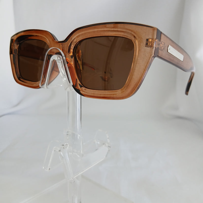 Glossy Brown Silver Bar Detail Thick Angled Frame Sunglasses - Kathryn