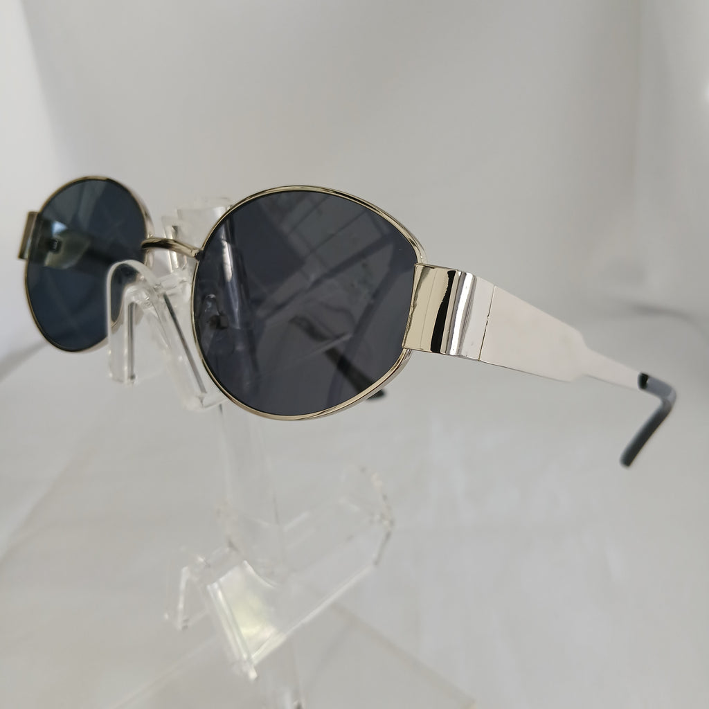 Black Lens Vintage Silver Metal Oval Frame Sunglasses - Rebel