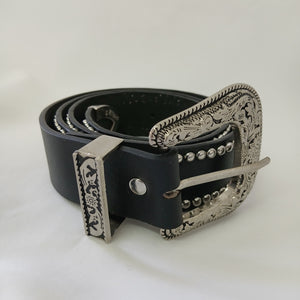 Silver Engraved Western Floral Studded Belt - Black