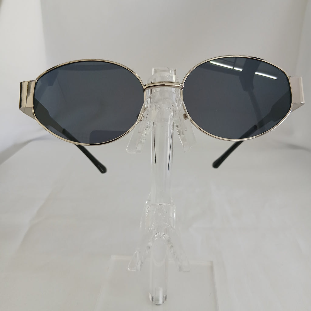 Black Lens Vintage Silver Metal Oval Frame Sunglasses - Rebel