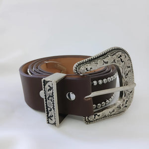 Silver Engraved Western Floral Studded Belt - Coffee Brown