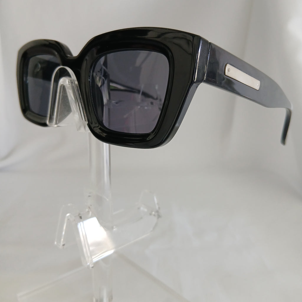 Glossy Black Silver Bar Detail Thick Angled Frame Sunglasses - Kathryn
