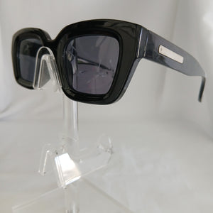 Glossy Black Silver Bar Detail Thick Angled Frame Sunglasses - Kathryn