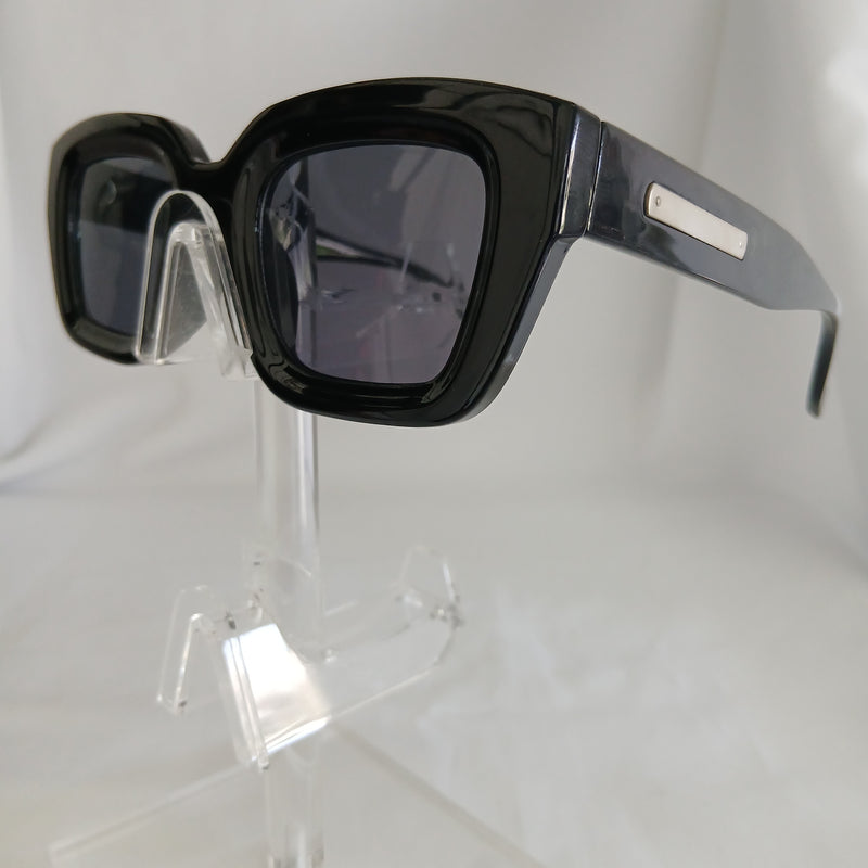 Glossy Black Silver Bar Detail Thick Angled Frame Sunglasses - Kathryn