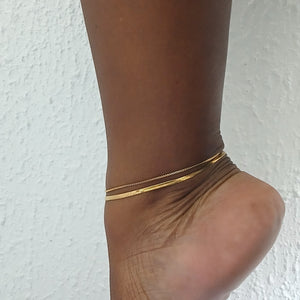 Stainless Gold Double Layered Flat Herringbone Chain Anklet